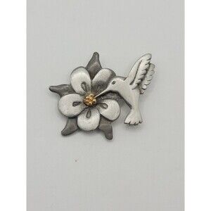 VTG Shields PEWTER HUMMINGBIRD BROOCH PIN Flower Silver Gold 2" Signed Jewelry